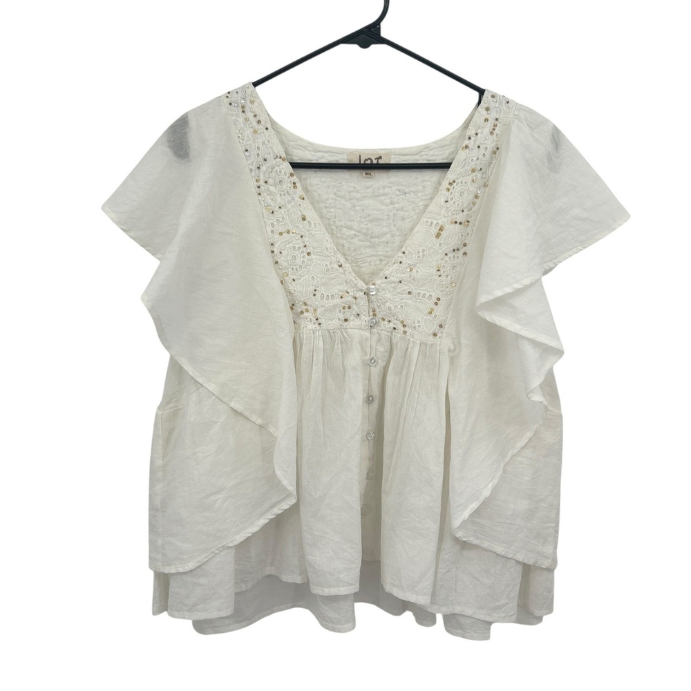 Boho Embroidered Beaded‎ Cotton Blouse M/L Ivory Flutter Sleeve Cottage Romantic